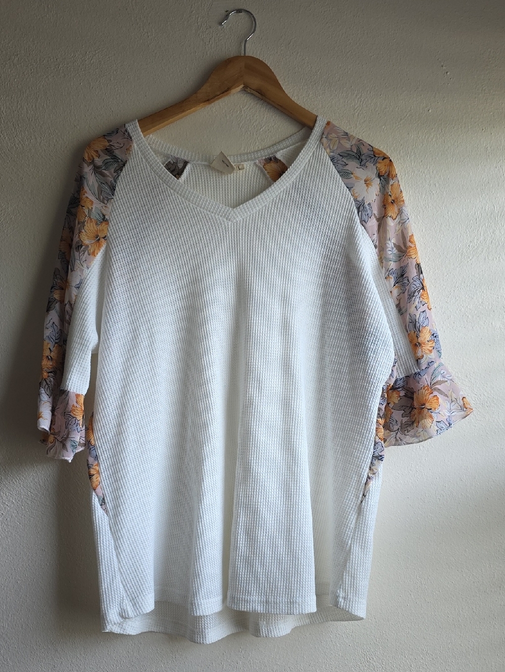 Southern Grace Cream Waffle Knit V-Neck with Floral Yellow Sleeve Panels
